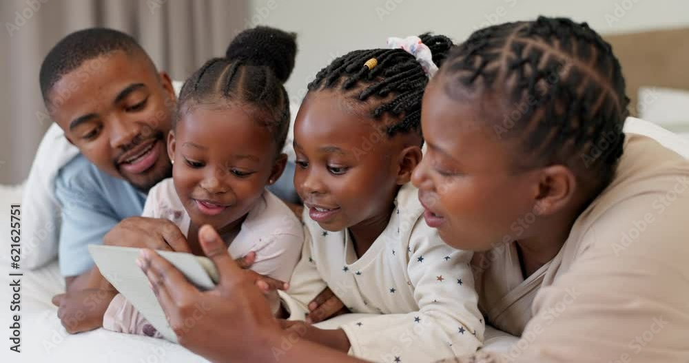 Technology, black family with tablet and in bedroom of their home for bonding time. Love or support, connectivity or social media and happy African people streaming a movie or series together Technology, black family with tablet and in bedroom of their home for bonding time. Love or support, connectivity or social media and happy African people streaming a movie or series together