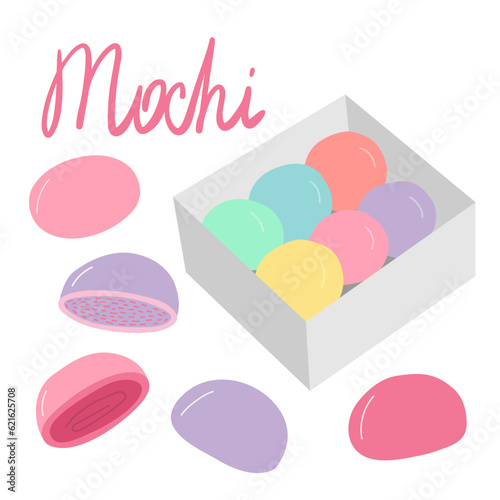 Flat mochi dessert set. Vector Japanese traditional rice dessert set