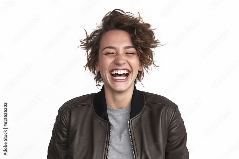 woman in his 30s that is wearing a trendy bomber jacket against a white background