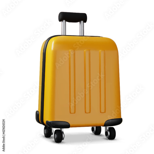 Realistic 3d yellow plastic travel suitcase with wheels. Vacation accessory.