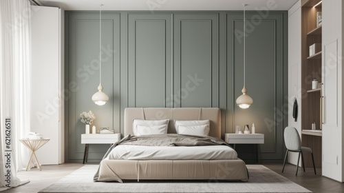 Modern Bedroom Background. Stylish Interior Design. Generative AI. photo