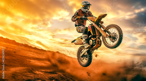 motocross, biker jumps on a dune in the desert at sunset, copy space made with Generative AI © edojob