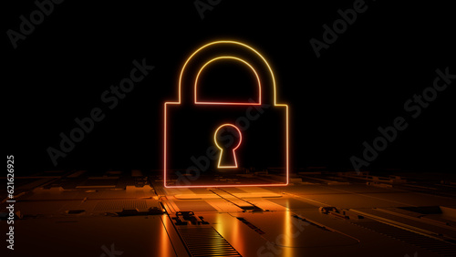 Orange and Yellow Security Technology Concept with lock symbol as a neon light. Vibrant colored icon, on a black background with high tech floor. 3D Render photo
