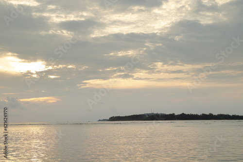 Lombok and Gili Air islands, overcast, cloudy day, sky and sea. Sunset, sand beach.