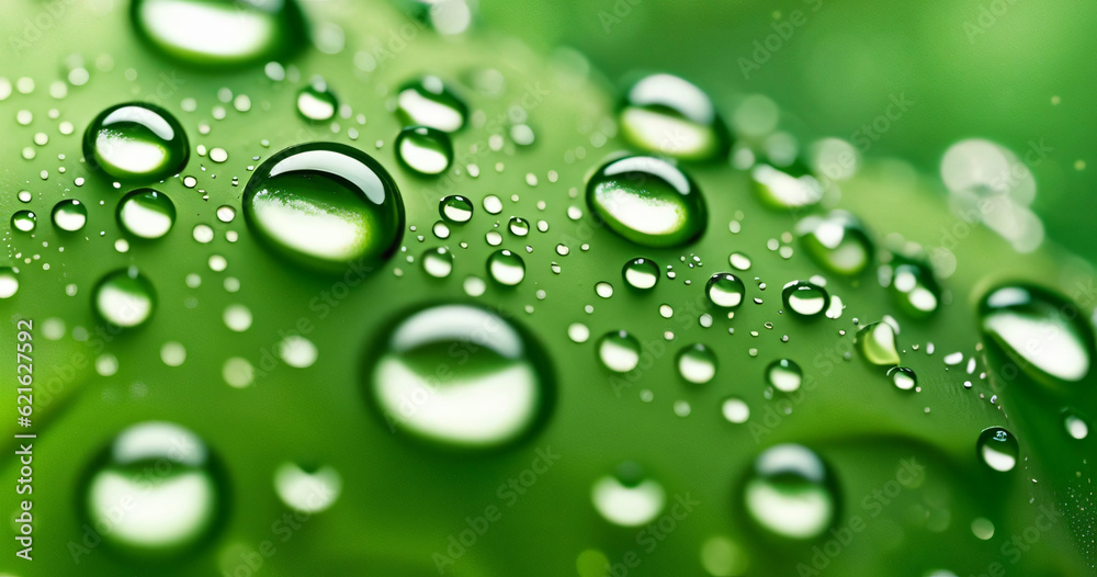 water drops on green leaf background