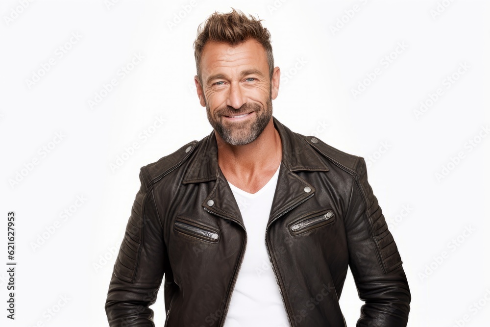 man in his 40s that is wearing a trendy faux leather jacket against a white background man in his 40s that is wearing a trendy faux leather jacket against a white background