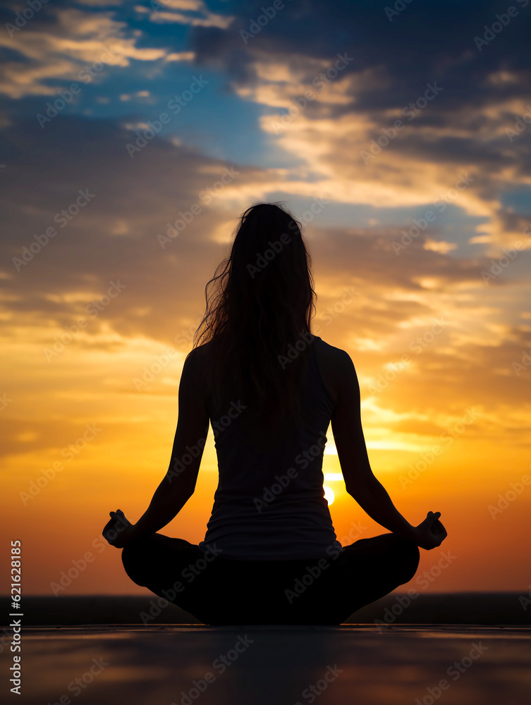 A silhouette Women doing yoga Meditation in Vrikshasana pose against sunset sky in mountain.