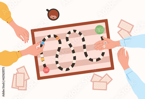 Board game with chips, dice, people hands, top view. Vector isolated flat illustration, children entertainment, logical educational toy. Playing field with start and finish.