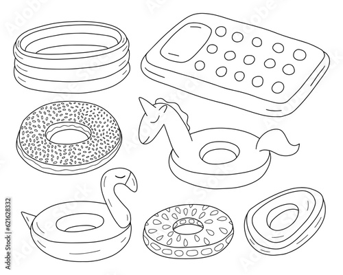 Vector summer pool rubber ring sketches set. Different rubber rings inflatable pool and mattress set.