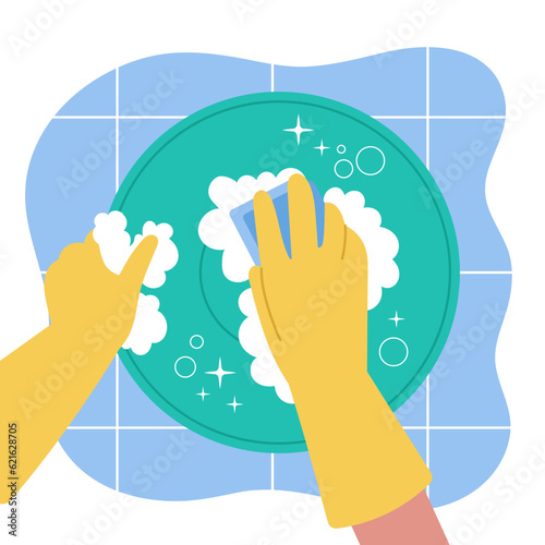 Cleaning food plate, clean dish in kitchen sink with foam. Hands in rubber gloves with sponge, house work. Crockery detergent decent vector scene