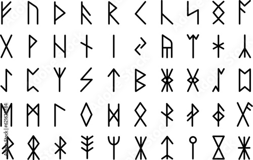 Mystery viking runes, nordic medieval mystical stone symbol. Ancient magic symbols, futhark germanic celtic rune alphabet, decent vector graphic photo