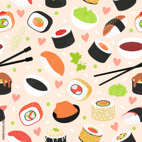 Sushi seamless pattern. Cartoon salmon and vegetables rolls. Japanese tasty food, asian cuisine fabric print. Kitchen decent vector background