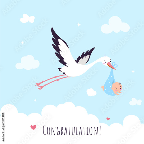 Baby shower congratulations printable card. Cartoon stork bring cute newborn baby. Flying bird and child, boy or girl party, nowaday vector banner