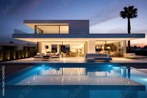 Furniture Finesse: Nighttime Minimalist Pool with Illuminated Deck and Exterior