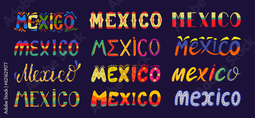 Mexican typography lettering, latino carnival ethnic lettering. Fiesta festival motifs, holiday bright decoration. Neoteric mexico vector set