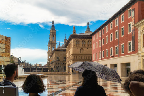 Plaza del Pilar in Zaragoza  on a rainy day.