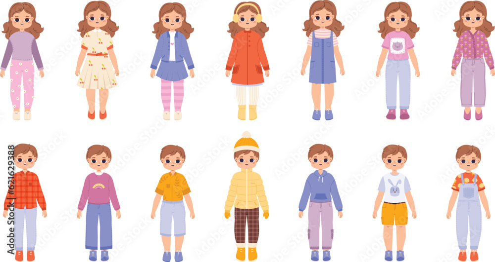 Fashion children, stylish toddler in sweater and dress. Summer outfit, kids wear winter clothes. Cartoon baby boy and girl, snugly vector set Fashion children, stylish toddler in sweater and dress. Summer outfit, kids wear winter clothes. Cartoon baby boy and girl, snugly vector set