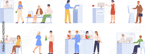 Bank information and clients service scenes. Cartoon customer and cashier, consultant at counter and atm. Banking office, clients snugly vector set