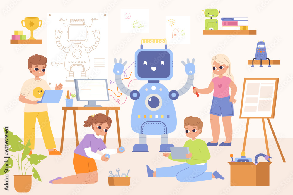Kids robotic engineering, repair robot children team. Child programming and project robots on lesson. School digital education snugly vector concept Kids robotic engineering, repair robot children team. Child programming and project robots on lesson. School digital education snugly vector concept
