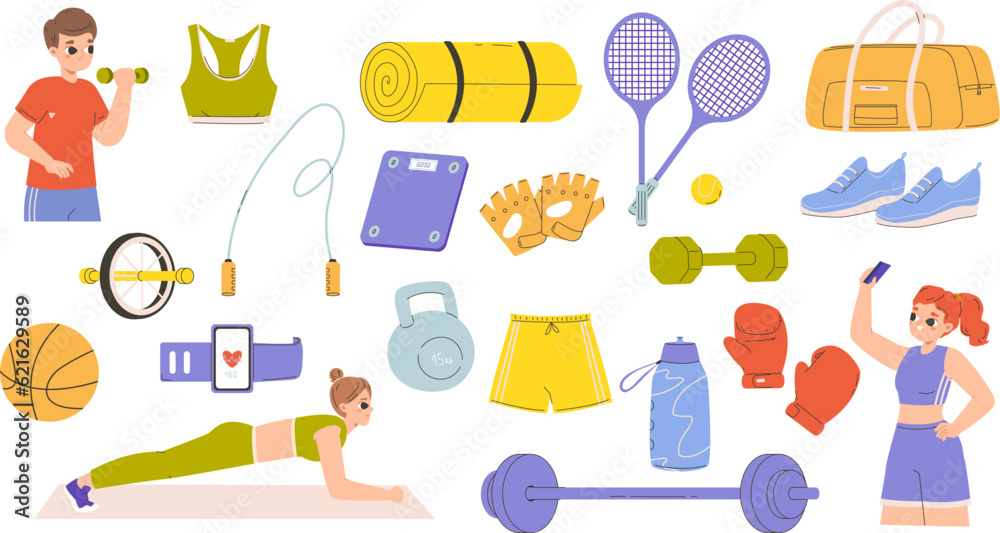 Sport gym accessory, girl with phone doing selfie. Fitness training equipment, cartoon athlete characters. Snugly sporty tools vector collection