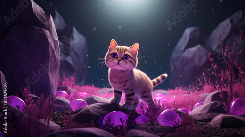 A purple cat with a crystal around him in the style of detailed environments, character caricatures photo