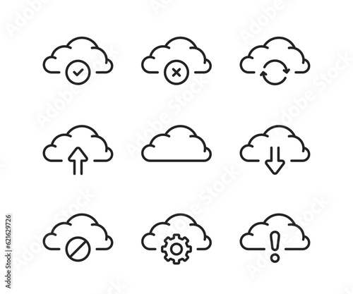 set of black thin line cloud computing icon