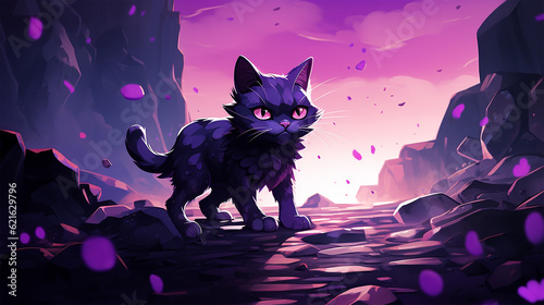 A purple cat with a crystal around him in the style of detailed environments, character caricatures photo
