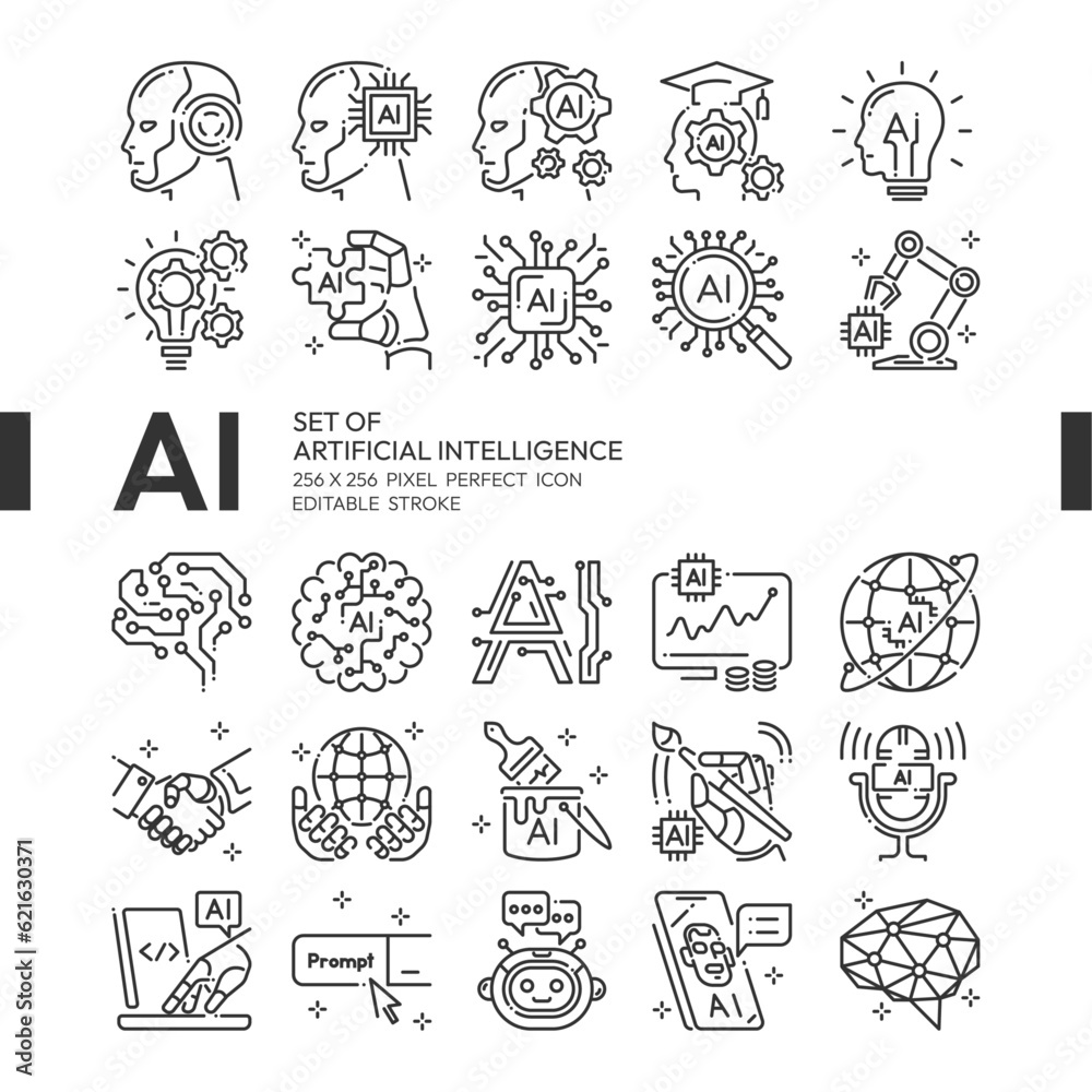 AI Artificial intelligence line icon set with cybernetic, machine learning, robotic, AI solving, algorithm and AI technology concept more, 256x256 pixel perfect icon vector, editable stroke