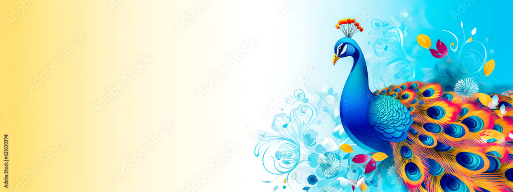 art colorful peacock bird, creative banner with copy space made with Generative AI
