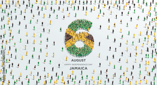 Happy Independence Day Jamaica. A large group of people form to create the number 6 as Jamaica celebrates its Independence Day on the 6th of August. Vector illustration.