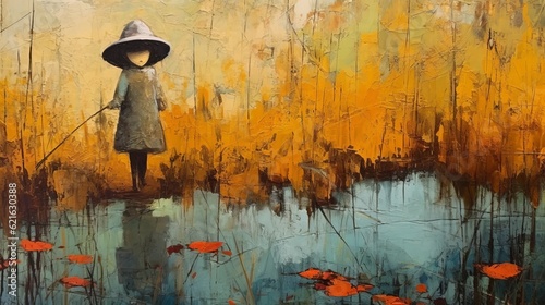 Playful Innocence: A Nostalgiacore Painting Of A Woman In A Hat On A Turquoise Pond photo