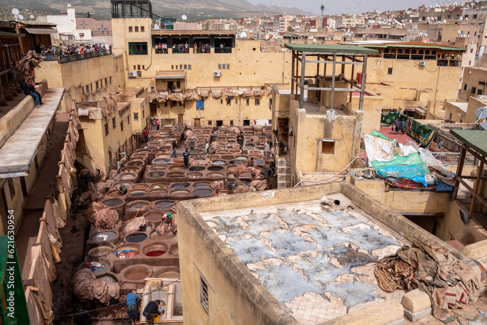Famous tannery in the medina of Fes, where leather is being processed for generations Famous tannery in the medina of Fes, where leather is being processed for generations