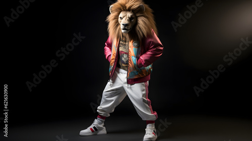 Fashion photography of a anthropomorphic lion dressed