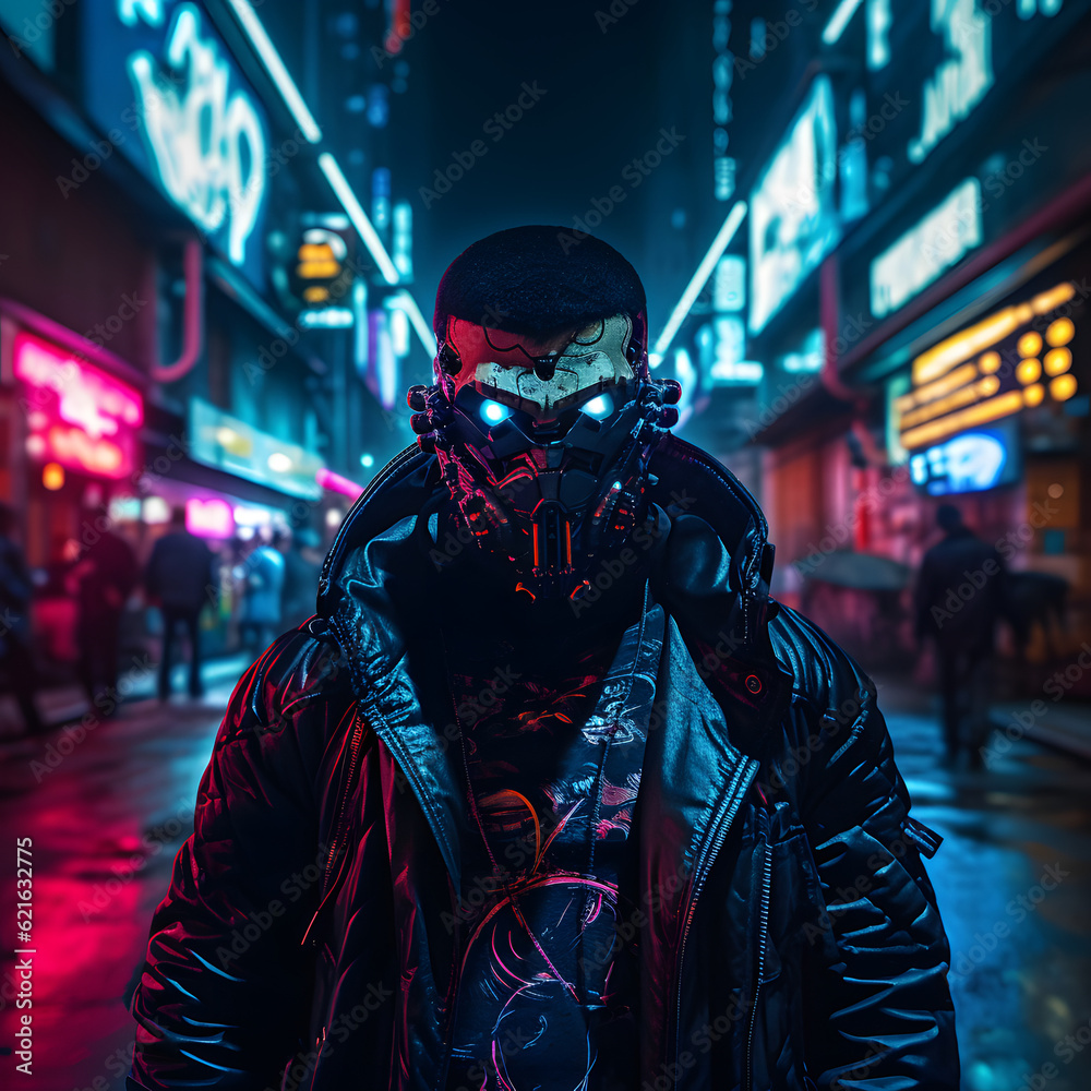 cyberpunk style street neon lit huge humanoid facing cam person walking in the street person wearing a mask