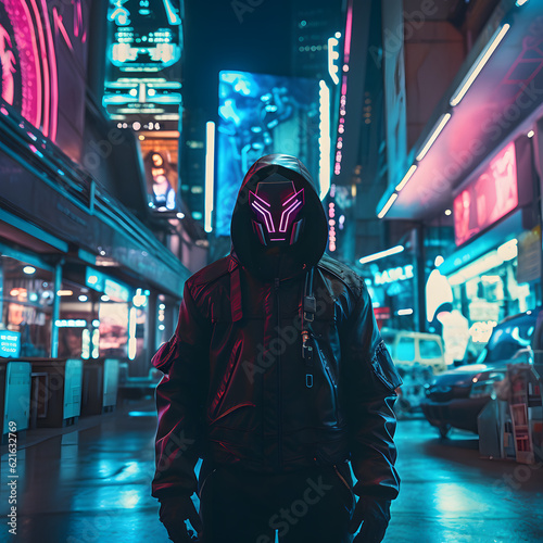 cyberpunk style street neon lit huge humanoid facing cam person walking in the street person in a subway