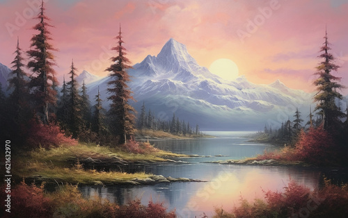 A painting of a mountain lake with a mountain in the background © MUS_GRAPHIC
