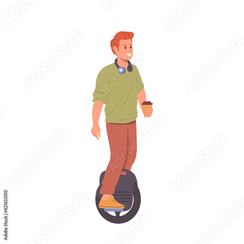 Happy hipster teenager boy riding monocycle electric self balancing scooter isolated on white