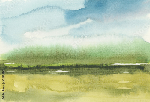 Ink watercolor landscape smoke flow stain blot on wet paper texture background. Pastel blue, green colors.