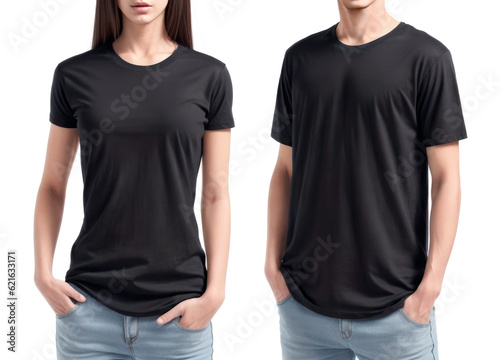 Man and Woman with black Blank T-Shirt Mockup isolated on white background. AI Generative