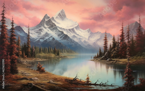 A painting of a mountain lake with a mountain in the background © MUS_GRAPHIC