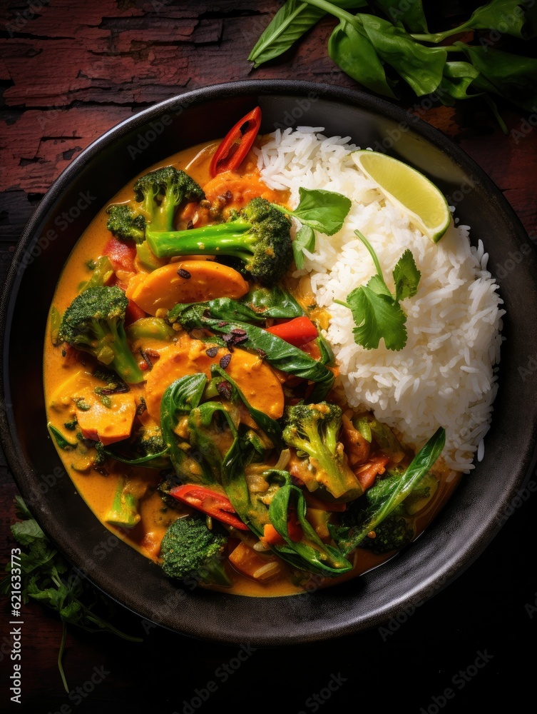 a bowl of vibrant vegetable curry with a side of rice, generative ai a bowl of vibrant vegetable curry with a side of rice, generative ai