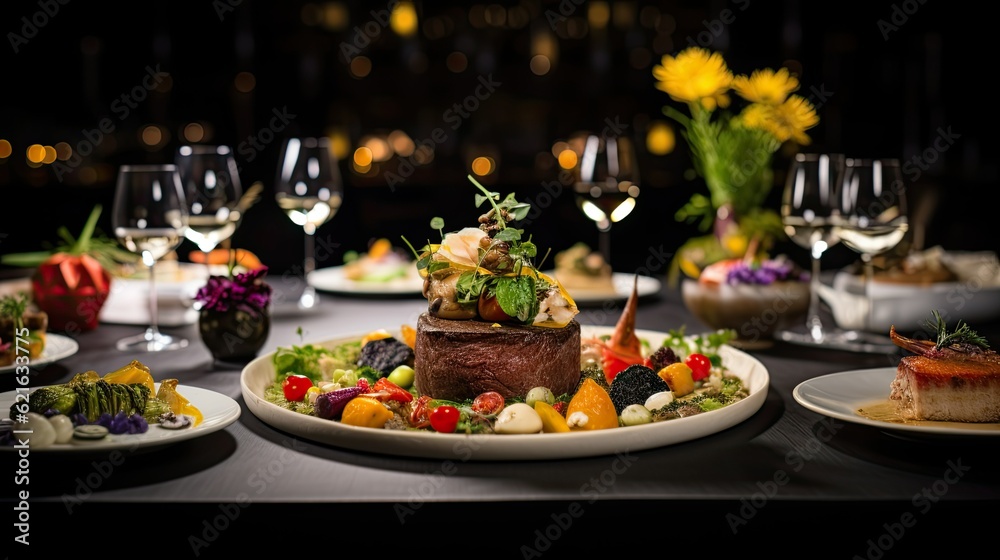 a chefs table full of a variety of gourmet dishes, generative ai a chefs table full of a variety of gourmet dishes, generative ai