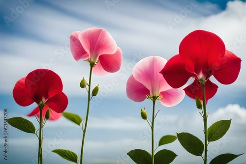 red tulips on blue sky background  by generative Ai