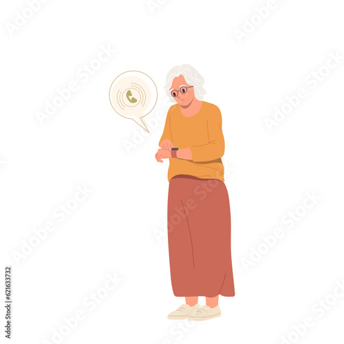 Elderly grey-haired retired woman cartoon character using smartwatch for making call or chatting