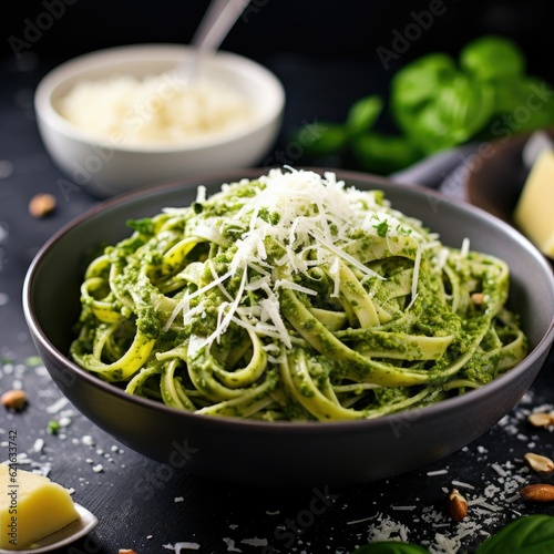 a bowl of fresh pasta with a vibrant green pesto  generative ai