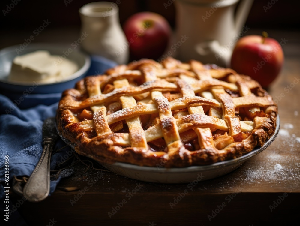 a rustic shot of a homemade apple pie, generative ai a rustic shot of a homemade apple pie, generative ai