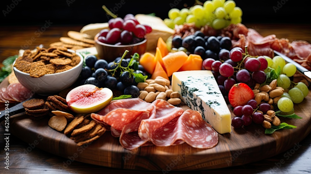 a shot of a colorful charcuterie board filled with fresh fruits and cheeses, generative ai a shot of a colorful charcuterie board filled with fresh fruits and cheeses, generative ai