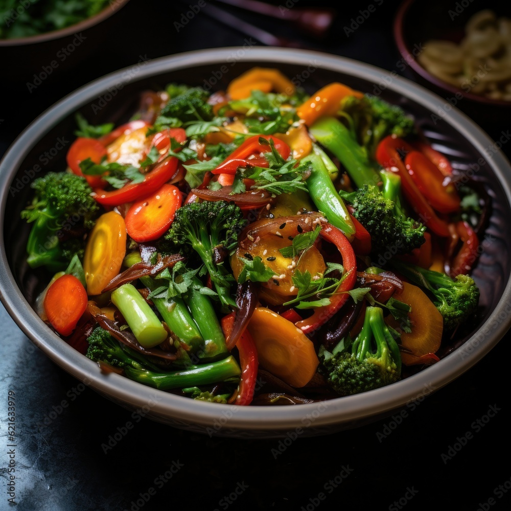 a shot of a fresh and vibrant vegetable stir-fry, generative ai a shot of a fresh and vibrant vegetable stir-fry, generative ai