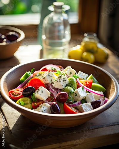 a refreshing bowl of greek salad with feta cheese, generative ai