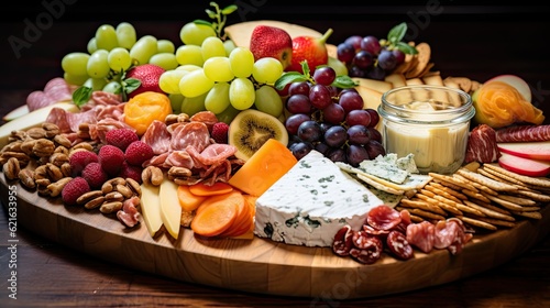 a shot of a colorful charcuterie board filled with fruits and cheeses, generative ai